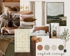 the interior of a bedroom is shown in shades of brown, green and beiges