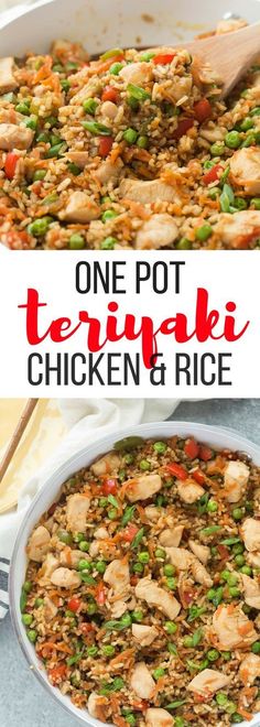 one pot teriya chicken and rice in a white casserole dish