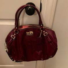 Wine/Deep Ted Coach Purse Designer Burgundy Satchel For Evening, Chic Burgundy Coach Bag, Designer Coach Shoulder Bag In Burgundy, Designer Coach Burgundy Shoulder Bag, Designer Coach Bag In Burgundy, Designer Burgundy Coach Shoulder Bag, Designer Burgundy Coach Bag, Luxury Burgundy Coach Bag, Coach Burgundy Bag With Detachable Handle