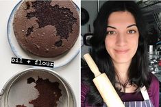 a woman holding a rolling pin next to an image of a chocolate cake on a plate