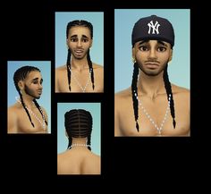 three different views of a man with long braids and a baseball cap on his head