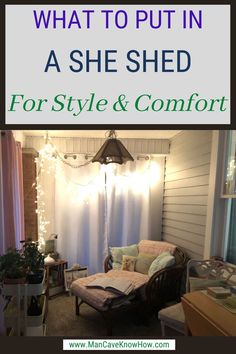 a chair sitting in front of a window with the words what to put in a she shed for style and comfort