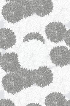 a gray and white wallpaper with large leaves on the back ground, in an abstract pattern