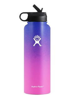 the hydro flask water bottle is pink and purple with a white logo on it