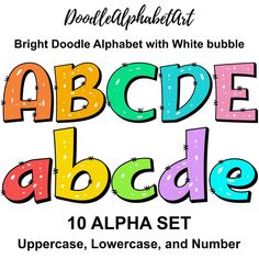 bright doodle alphabet with white bubble font and lowercase letters for upper and lower case