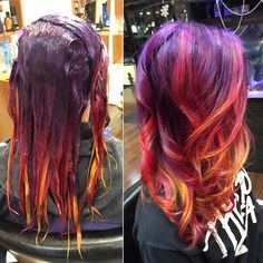 Sunset hair Sunset Ombre Hair, Vivid Highlights, Colored Hairstyles, Sunset Ombre, Sunset Hair, Fire Hair, Beauty Hair Color, Bold Hair Color, Cute Hair Colors