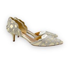 Brand New Badgley Mischka Women's Ginny Ivory Satin Jeweled Kitten Heels / Pumps / Shoes. Style / Model Number Mp3524. Women's Size 11. New To Poshmark? Sign Up Using Invite Code: Tentoday For $10 Off Your Purchase! Sparkle With Every Step! The Badgley Mischka Ginny Pump Offers Sophisticated Elegance With A D'orsay Silhouette, Pointed Toe, Mixed Jewel Embellishments, And A Scalloped Trim. - Ivory Satin/Suede Upper Material. - Slip-On Styling. - Breathable Man-Made Lining. - Lightly Padded Footbe Elegant Gold Fitted Kitten Heels, Elegant Silver Kitten Heels With 4-inch Heel, Silver Low Heel Fitted Wedding Shoes, Glamorous Gold Kitten Heels For Formal Occasions, Glamorous Gold Kitten Heels For Formal Events, Elegant Gold Kitten Heels, Formal Silver Almond Toe Kitten Heels, Silver Pointed Toe Kitten Heels For Wedding, Elegant Silver Kitten Heels For Party