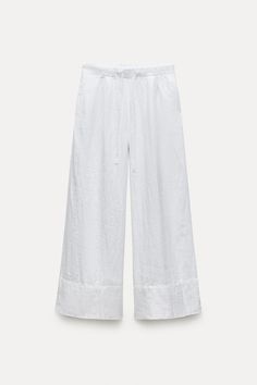 100% LINEN PALAZZO PANTS ZW COLLECTION - Oyster-white | ZARA United States Chic Linen Wide Leg Lounge Pants, Wide Leg Linen Pants With Tie Waist, Chic Linen Wide Leg Pants For Daywear, Elegant Linen Bottoms With Tie Waist, High-waisted Linen Wide Leg Pants For Daywear, Linen Summer Pants For Daywear, Summer Linen Pants For Daywear, Relaxed Fit Linen Wide Leg Pants With Tie Waist, Elegant Linen Wide Leg Pants For Daywear