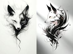 two pictures of different types of animals on white and black paper, each with an animal's head in the middle