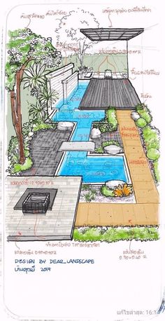 a drawing of a garden with water and plants