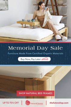 a woman sitting on her bed with the words memorial day sale written above it and below