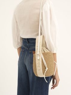 Open Weave Jute Bucket Bag, Basket-shaped Bucket Bag In Woven Leather And Jute, Jute Bucket Bag With Open Weave, Casual Straw Beach Bag, Chloe Logo, Round Basket, Easy Summer, Short Jumpsuit, Shoulder Tote