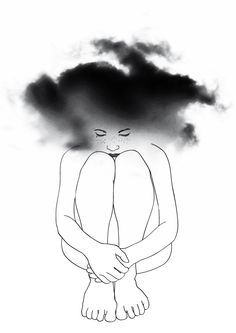 a black and white drawing of a person holding their hands in front of a cloud