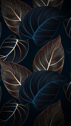 an abstract pattern with gold and blue leaves on a black background, suitable for wallpaper or fabric