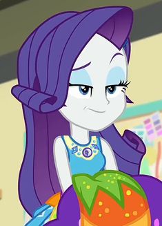 an animated pony with long purple hair and blue eyes holding a large orange object in her hand