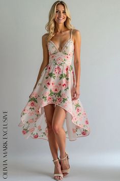 Olivia Mark - Elegant Floral High-Low Sundress with Lace Detail Chic Floral Print Dresses With High-low Hem, Knee-length Summer Dress With Floral Applique, Flowy Floral Print High-low Hem Midi Dress, Beach High-low Hem Floral Maxi Dress, Beach Dress With Floral Print And High-low Hem, Pink Blossom, Feminine Beauty, Draped Fabric, Lace Detail