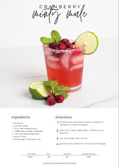 the cranberry minty mule recipe is shown with limes and raspberries