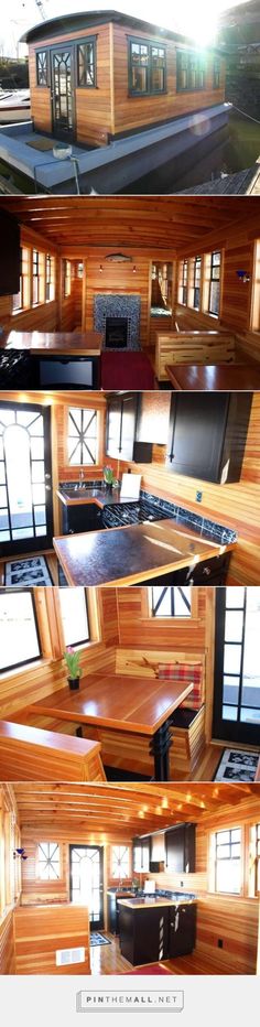 this is an aerial view of the inside of a house with wood paneling and windows