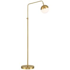 a gold floor lamp with a white ball on it's arm and a brass base