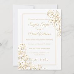 a wedding card with gold foil flowers on it