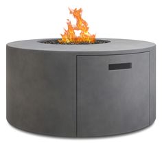 an outdoor fire pit is shown with flames on the top and bottom, as well as two