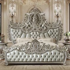 Kallista California King Bed  / HD-8088 - Ornate Home Silver Bed, Tattoo Modern, Luxury Bedroom Sets, Fancy Bedroom, Tufted Platform Bed, Eastern King Bed, Gorgeous Bed, Victorian Bedroom, Traditional Bed