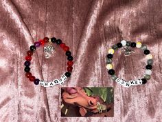 GENERAL NOTE FOR ALL BRACELETS: Please choose which length and if you want text (e.g. Donkey and Dragon) or not in the variations section! If this set is for a couple and both of you don't have the same wrist size, please note in the personalization instructions which sizes you both take!  A pair of couples or besties set good to wear for a wedding or as a gift for anniversary, birthday, party or any event really lol.  I will NOT sell these separately! I CAN only sell these as a set.   Please keep in mind that every glass or Kandi beaded bracelet I make may look different in size and variation. I may run out of certain colors, letters, numbers or charms. Sometimes I may need to adjust as I'm working if there isn't enough beads on the string for my liking. If you receive your bracelet in th Personalized Black Beaded Bracelets, Themed Valentine's Day Gift Bracelets, Themed Bracelets As Valentine's Day Gift, Personalized Halloween Beaded Bracelets, Themed Bracelets For Valentine's Day Gift, Themed Personalized Beaded Bracelets For Gifts, Customized Beaded Bracelets For Halloween Gift, Personalized Themed Beaded Bracelets As Gifts, Personalized Themed Beaded Bracelets For Gifts