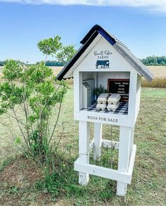 a small white bird house sitting on top of a grass covered field