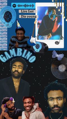 the collage shows two men, one with a guitar and another with an afro