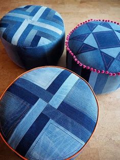 two blue stools sitting next to each other on a wooden floor with text overlay that reads, put your feet up pouff sewing project