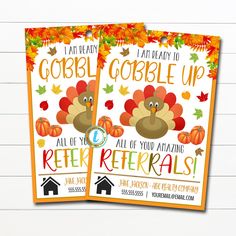 two flyers for a thanksgiving party with turkeys and leaves on the front, and an orange background