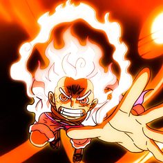 an anime character is being held in the air by another person's hand with flames coming out of it