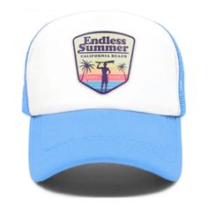 ‘Endless Summer California Beach’ Surf Hat. Light Sky Blue And White. Polyester/Nylon. Mesh Back. Adjustable Snap Back. Tags: Powder Blue Carolina Pale Blue Surfing Coastal California Hawaii Costa Rica Vacation Spring Summer 90s Y2k Summer Style Trucker Hat For Outdoor, Sporty Summer Trucker Hat, Sporty Breathable Trucker Hat For Summer, Sporty Summer Trucker Hat With Breathable Design, Sporty Blue Summer Hats, Sporty Blue Hats For Summer, Trendy Light Blue Beach Hat, White Summer Sports Trucker Hat, Trendy Trucker Hat For Summer Outdoor Activities