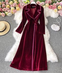 Elegant Velvet Long Coat Dress P300 – VAKKV-SHOP Long Coat Dress, Velvet Trench Coat, Long Jackets For Women, Chiffon Long Dress, Windbreaker Jacket Women, Flora Dress, Black Velvet Blazer, Suit Collar, Velvet Suit