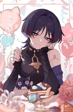 an anime character holding a plate with food on it and balloons in the background,