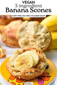 a banana and peanut butter muffin on a yellow plate with bananas in the background