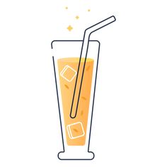 an orange drink in a tall glass with a straw and ice cubes on the rim