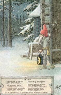 an old fashioned christmas card with a gnome looking at the snow covered cabin in the woods