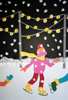 a paper cutout of a person on skis in the snow with trees and lights behind them