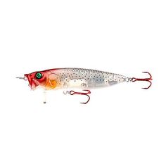 a red and white fishing lure with green eyes on the side, against a white background