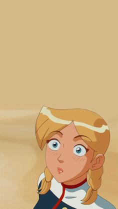 a cartoon girl with blonde hair and blue eyes looking at something in front of her