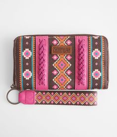 "Wrangler Southwestern Wristlet Wallet - Pink/Brown , Women's Hotpink Logo patch pieced canvas wallet Multiple interior compartments Measures 8"(L) x 1"(W) x 4 1/2"(H). Apparel & Accessories" Southern Women, Canvas Wallet, Cute Wallets, Wallet For Women, Organization Decor, Dark Turquoise, Car Ideas