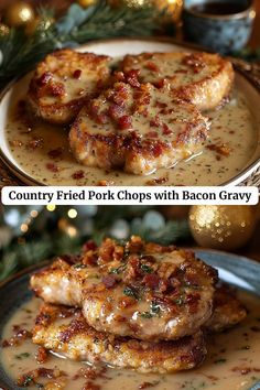 two pictures of chicken with bacon gravy on a plate