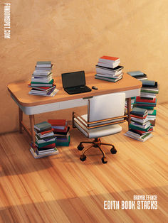 there is a desk with books on it and a laptop sitting on top of it