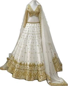 White Golden Chaniya Choli, Festive White Choli With Gold Embroidery, White Wedding Choli With Gold Embroidery, White And Golden Lehenga, White Fitted Lehenga With Gold Embroidery, Sabyasachi Lehenga, Indian Wedding Outfit, Lengha Choli, Party Wear Lehenga