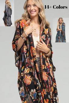 One Size Beautiful Long Kimonos - Multiple Colors – Debra's Passion Boutique Wrap Kaftan For Festivals, One Size Wrap Kaftan For Festival, Bohemian Black Robe With Kimono Sleeves, Black Bohemian Robe With Kimono Sleeves, Multicolor Long One-size Kimono, One Size Multicolor Kimono For Festivals, Multicolor Kimono Beach Cover-up, Bohemian Long Kimono One Size, Multicolor Open Front Free Size Kimono