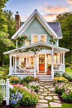 a white house with flowers in the front yard and steps leading up to it's porch