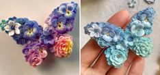 crochet flowers are being made with scissors and yarn in the shape of butterflies