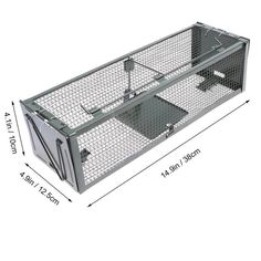 a large metal cage with wheels and latches on the side, measurements for it