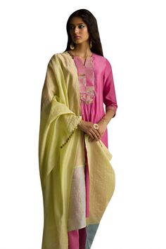 Pink chanderi kurta with placed zari embroidered egyptian motifs on bodice, embellished by sequins. Comes with pant and dupatta. - Aza Fashions Luxury Chanderi Kurta With Cutdana Detailing, Handloom Tissue Silk Sets For Navratri, Handloom Slub Silk Anarkali Set, Designer Handloom Kurta, Festive Handloom Churidar, Handloom Churidar For Diwali, Handloom Cotton Silk Anarkali Set, Tussar Silk Anarkali Set With Cutdana, Festive Handloom Palazzo Set With Straight Kurta